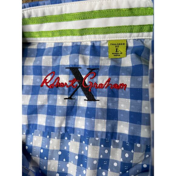 Robert Graham size L shirt, button up plaid blue/white short sleeve office - Picture 5 of 6
